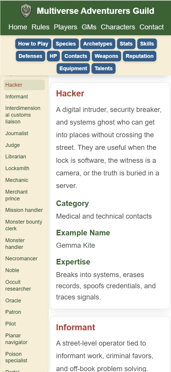 A Hacker archetype character in the playable MAG character sheet on mobile